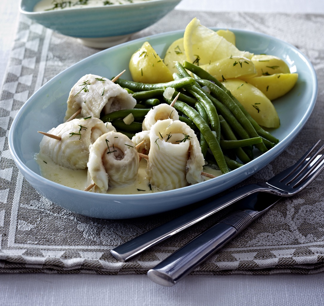 Schollenfilets in Kren-Sauce mit Prinzessbohnen