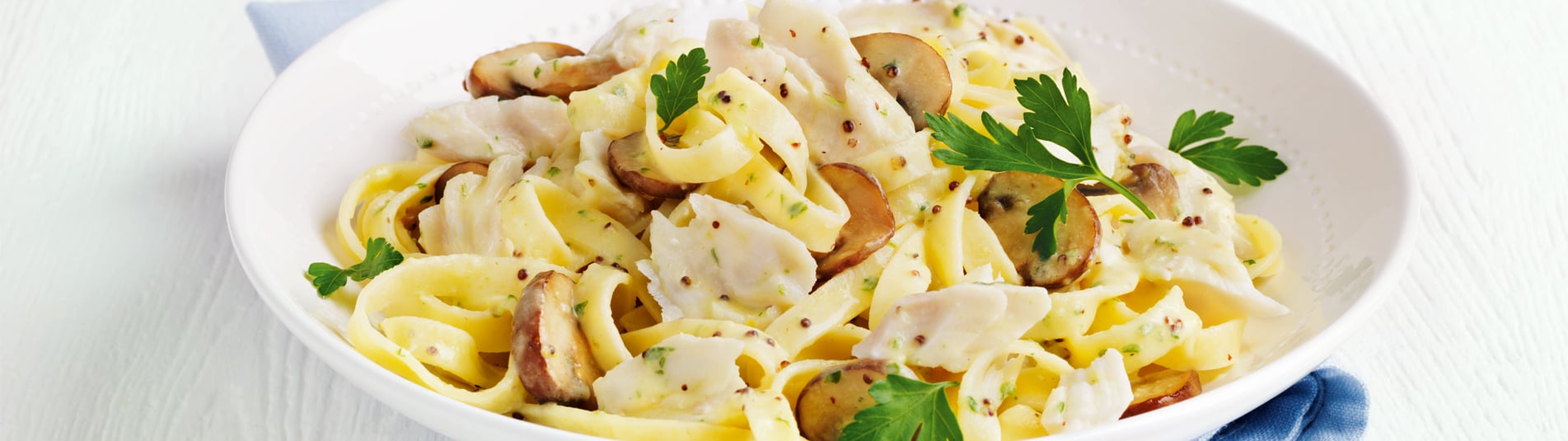Gebratener Polar-Dorsch auf Pasta Funghi